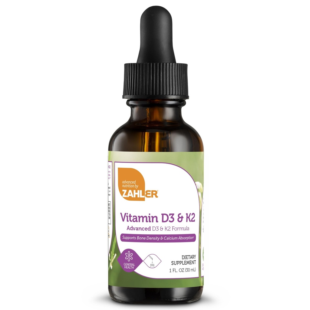 Zahler Vitamin D3 K2 Drops, Cair D3 dengan K2, 100IU dari Vitamin D dan 100mcg dari K2 per Serving, Mendukung Density Bone dan Calcium Absoprtion, 1Fl Oz.