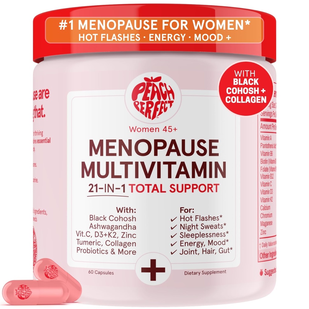 Peach Sempurna Menopause Multivitamin 124; 21 Vitamin untuk Perempuan 45 + 14; Black Cohh, Ashwagandha, Vitamin D3 + K2, Progragen & Collagen 124; Dukungan untuk Hot Flashes, Mood Swings, Gabungan & Skin Health 12430 SVG