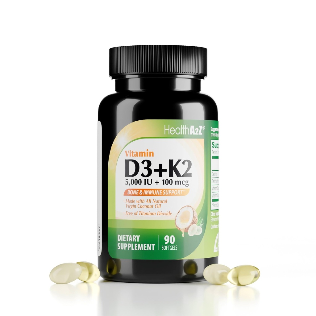 HealtA2Z ® Vitamin D3 (5.000 IU) + K2 (MK-7) Dibuat dengan Virgin Coconut Oil (Natural MCTS) - 90 Softgeels (Paket 1) - Membantu Calcium Absorpsi untuk Bones, Teeth, Mood & Imune Health