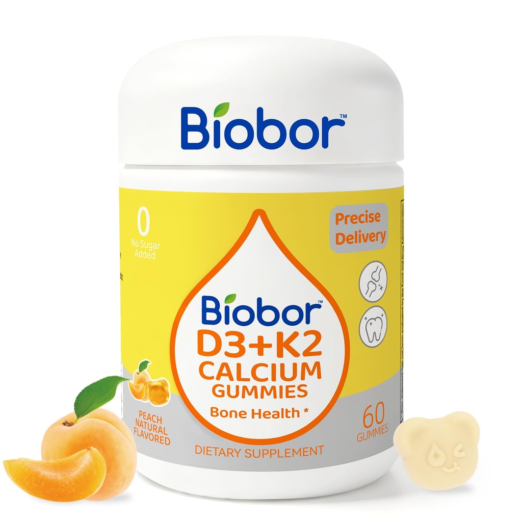 Biobor Vitamin D3 K2 Gummies dengan Calcium, 2000 IU D3 & 200 mcg K2 (MK-7) & 200 mg Calcium, Tanpa Gula Ditambahkan, Supports Healthy Bones & Imune Health, Gluten Free, GMO Free, Yellow Peach, 60 Count