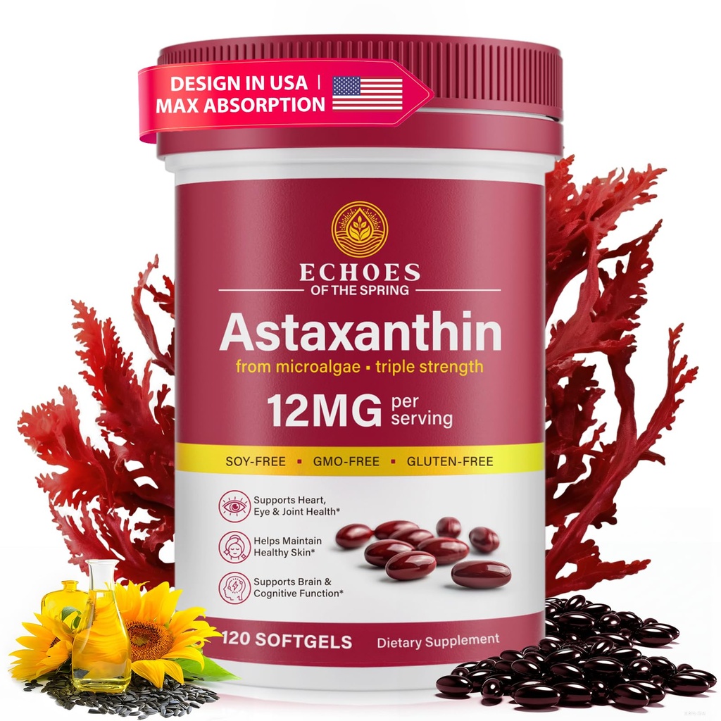 Staxanthin 12mg - Natural Astaxanthin dari Haematococcus Pluvialis, Suplemen Antioksidant Triple Kekuatan untuk Eye, Skin, Dukungan Bersama & Imune (120 Count (Paket 1)