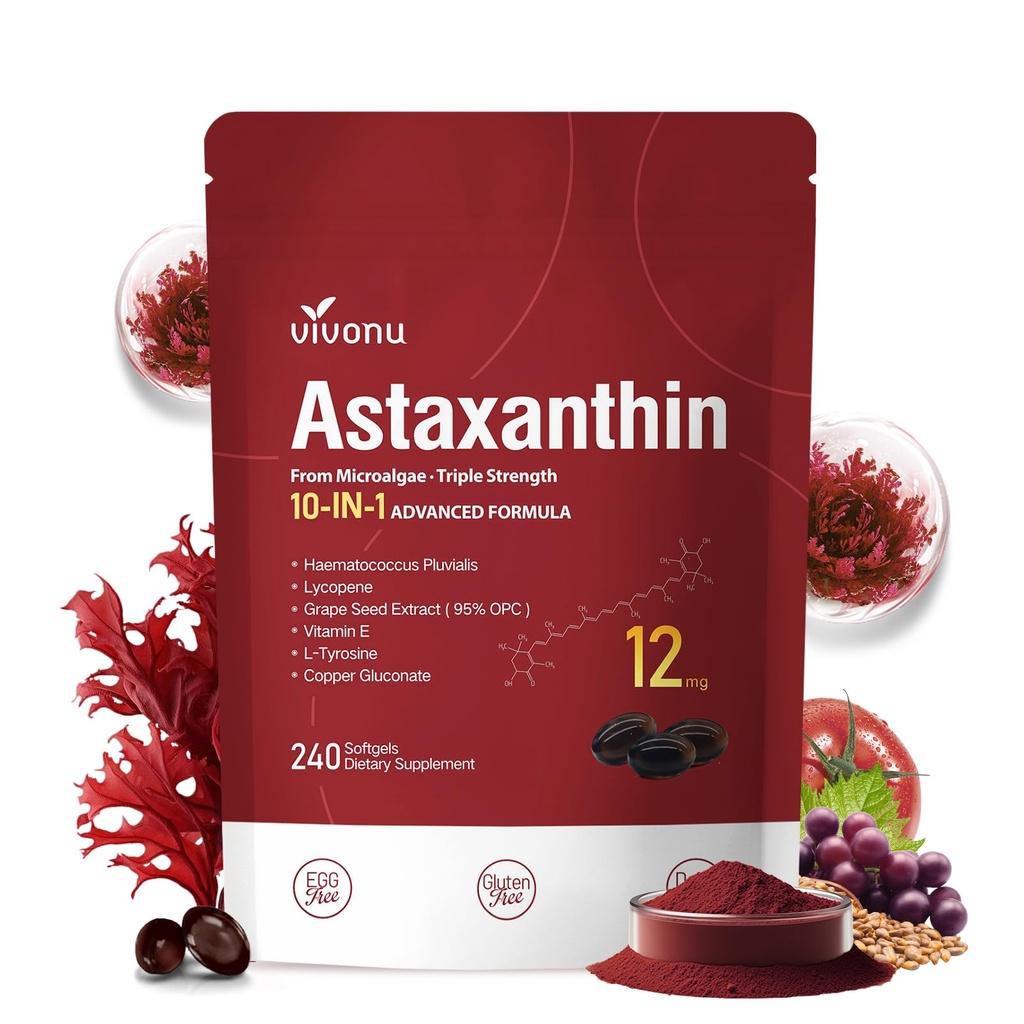 10 dari 1 Astaxanthin 12mg Suplemen, 4 Bulan Supply, Astaxantina Antioksidan dari Segar Haematococcus Pluvialis, Berisi Lycopene, Grape Benih, Vitamin E, & More Supports Eye, Joints, Skin Health