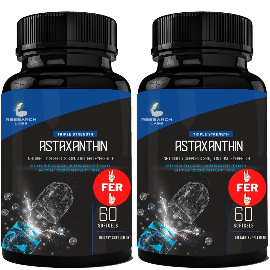 Lab Research Triple Power Natural Astaxanthin 12mg Softgels + Extra Bottle Organic Coconut Oil untuk Enhanced Absorpsi Kuat Antioksidant Supports Mata & Heart Kesehatan 120 Total Softgels