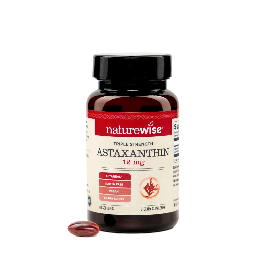 Naturrewise Triple Power Astaxanthin 12mg with Asta Real ® - Vegan Antioksidant Suplemen dengan Oil Organik Coconut - NSF Disertifikasi Gluten Bebas, Non- GMO - 60 Softgels [60 Hari Suffely]