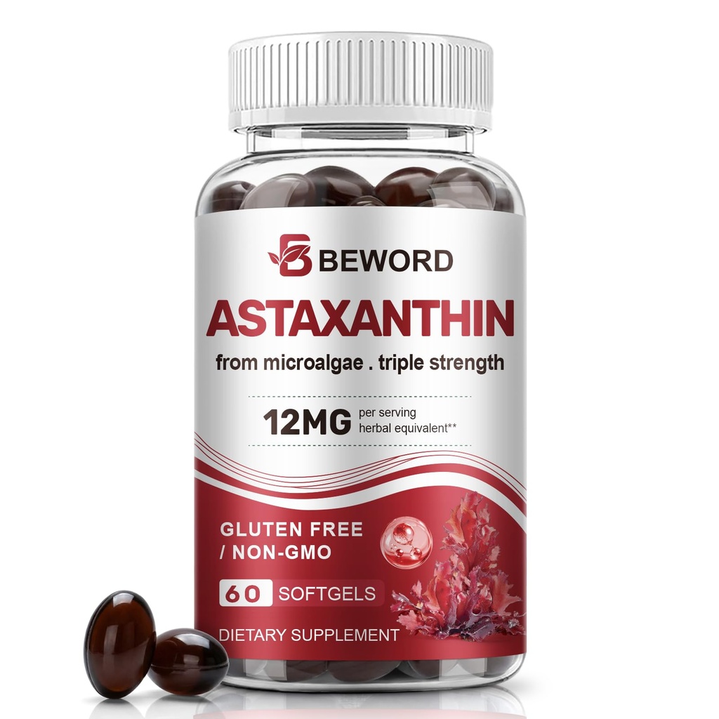 BEWORD Astixanthin 12mg dengan MCT Oil, 60 / 120 Softgeels 2- Bulan Suply 124; Premium antioksidant Suplemen 12.4; Natural Mikrosalgae, Triple Energy 124; Dukungan Skin & Eye Health 124; Non-GMO, Gluten & Soy- Free
