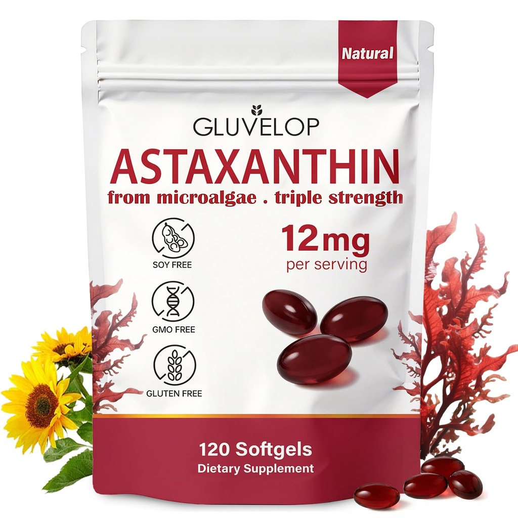 Astaxanthin 12mg, Premium Astaxanthin Antioxidant Suplemen, Supports Eye, Skin, Imune, Internal Circulation, Fresh Microalgae Softgae Softgee Softges Softels, Triple, Non- GMO, 4 Bulan Suply, 120