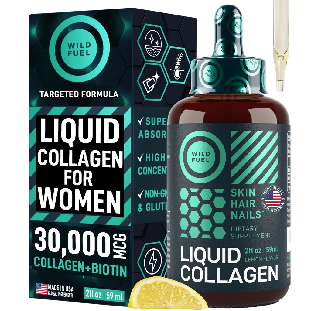 WILD FUEL Liquid Collagen Peptides with Biotin Vitamin for Hair Skin and Nails - 30000mcg Liquid Collagen for Women Plus Biotin - Lemon Flavor, hingga 2- Bulan - 2 oz