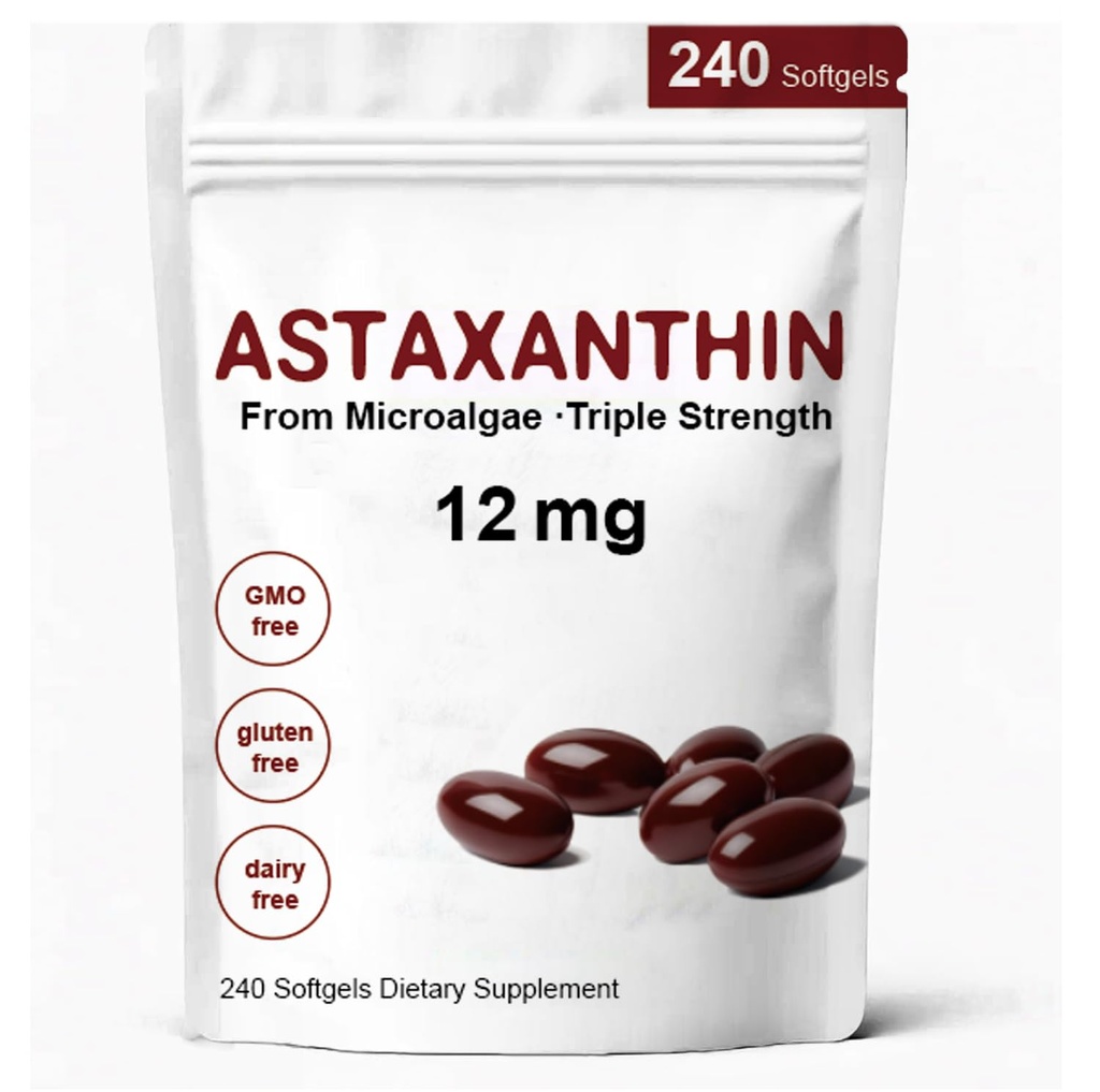 Astaxanthin 12mg, Premium Astaxanthin Antioxidant Suffilication Activity, Suffects Eye, Imune, Skin Health, Internal Circulation- 240 Softgeels