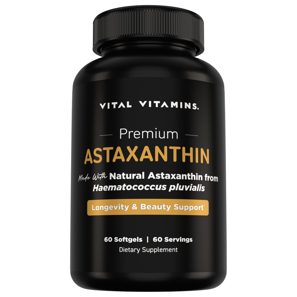 Vital Vitamin Astaxanthin 12mg Softgels - Made with Natural Astaxanthin - Suplemen untuk Provely Skin Hydration, Elasticity - Defend Cells Agage - Vegan, Made in the USA - 60 Soft Gels