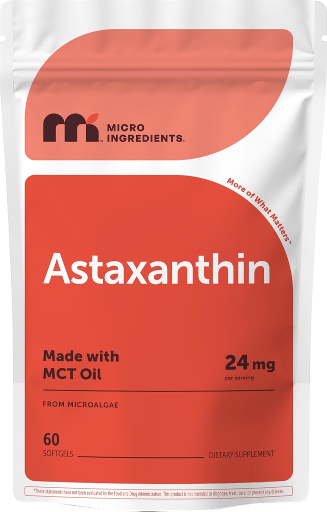 Mikro Ingrediens Astaxanthin 24mg dengan MCT Oil, 60 Softgels, 2 Bulan Supply 124; Max Power Astaxanthin Antioxidant Suplemen 124; Fresh Microlgae Sofgels 124; Non-GMO, Gluten Free, No Soy