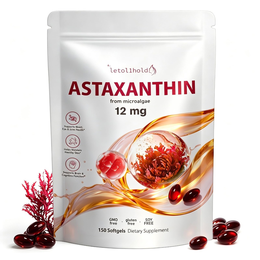 Astaxanthin 12mg, 150 Softgeels - 5 Bulan Supply, Astaxanthin Suplemen Disediakan dari Fresh Microalgae, Non-GMO, Gluten Bebas, Mudah untuk Swallow
