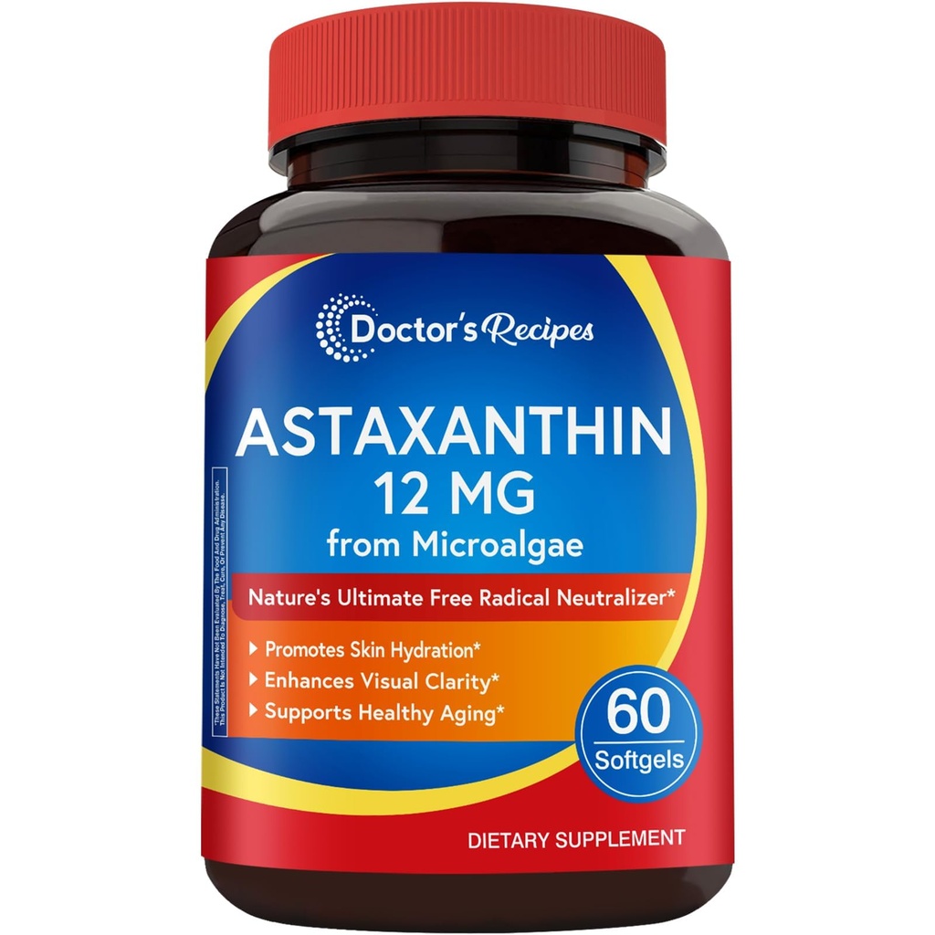 Dokter 's Recipes Astaxanthin 12 mg, dari Fresh Premium Microsalgae, Max Power, No Gluten, Non-GMO, Supports Skin, Eye, Bone & Ammune System Health, 60 Softgels