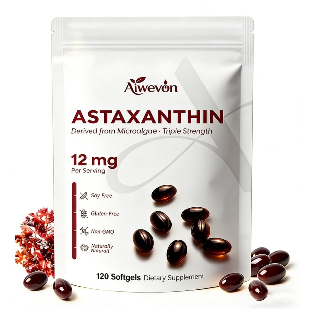 Tambahan Astaxanthin 12mg Softgels, Astaxanthin alami dari Microalgae dengan MCT Oil untuk Absorpsi, Dukungan Antioksidant yang kuat untuk Kesehatan Bersama Skin Heart, Gluten Non-GMO Bebas, 120 Softgeels