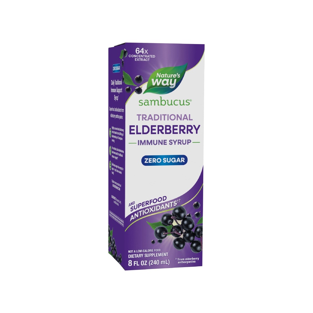 Nature 's Way Sambucus Zero Sugar Tradisional Immune Syrup, Sangat berkonsentrasi Ekstrak Elderberry Hitam, Dukungan Kebal Tradisional *, Sugar- Free, Berry Flavored, 8 Fl Oz (Packing May Vary)