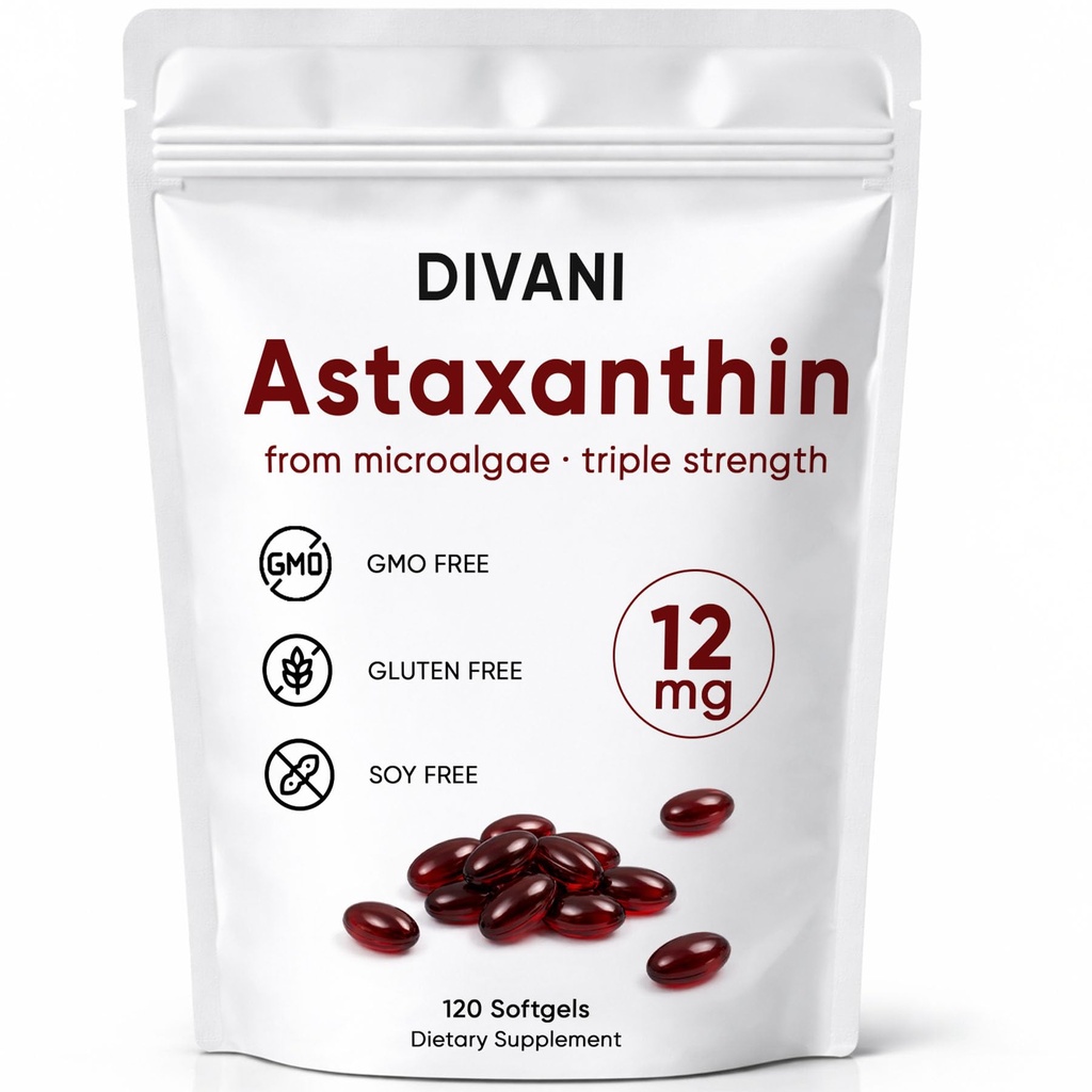 DIVANI Astaxanthin 12mg, Antioksidant Suplement for Daily Wellness, Imune, Eye & Skin Dukung, Non-GMO, Gluten Free - 120 Softgeels