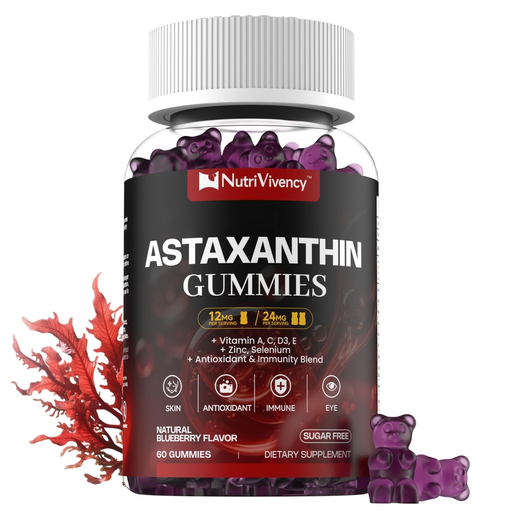 Astaxanthin Gummies, 12mg Per Gummy 24mg Max, Astaxanthin Suplemen dengan Vitamin A / C / D / E, Resveratrol, 14-1 Antioksidants Blend for Women, Skin, Eyes, Sugar Free, Vegan, 60 Ct