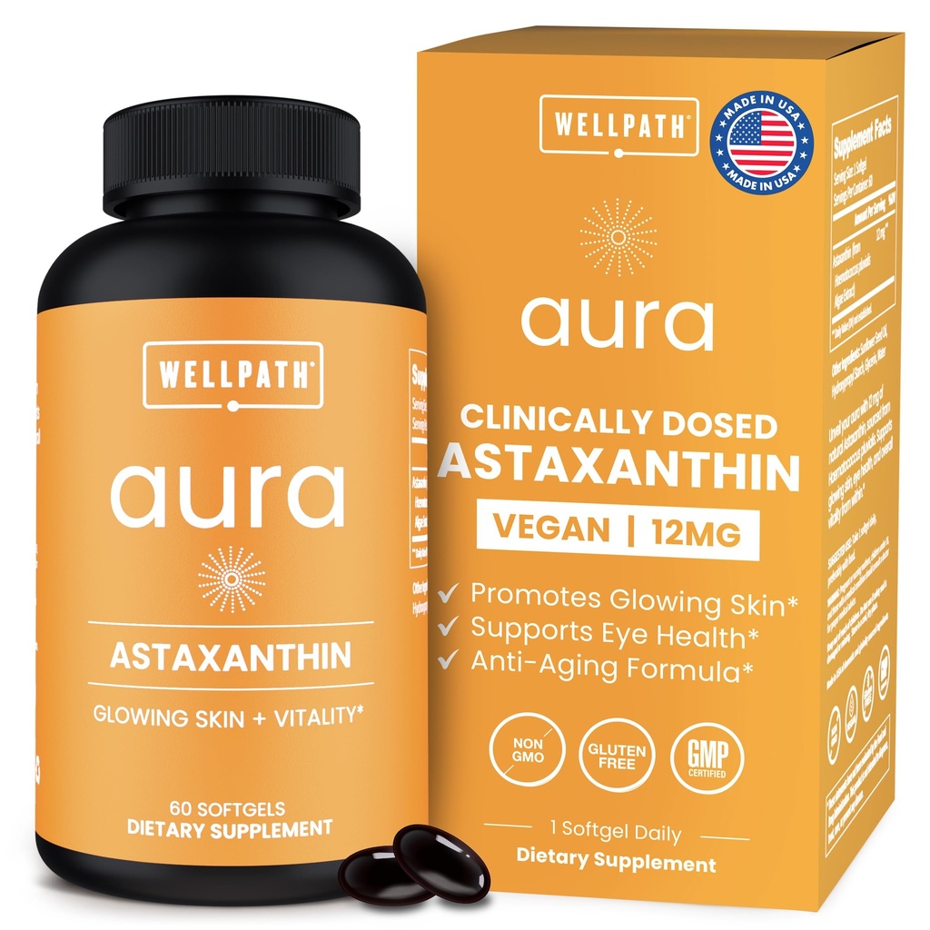 WellPath Astaxanthin 12mg Softgets Hob4; Vegan Astaxanthin Suplemen dari Microalgae 124; Antioksidants untuk Skin Hydration, Elasticity dan Eye Health 124; Non-GMO, dibuat di AS, 2 Pasokan Bulan