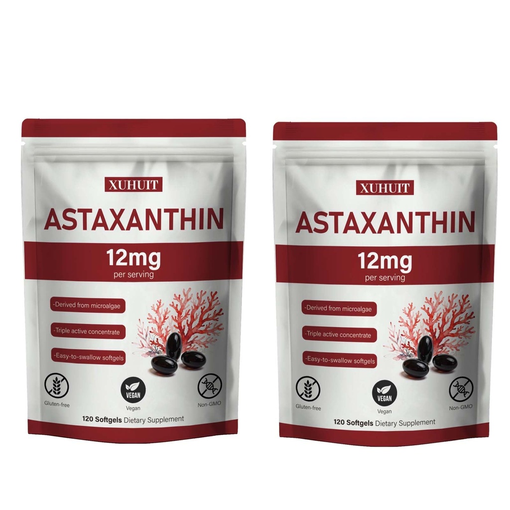Astaxanthin 12mg Softgeels 124; Natural Algae- Derived Botanical Extract (Haematococcus pluvialis) Non-GMO, 120 Count per Bag (2)
