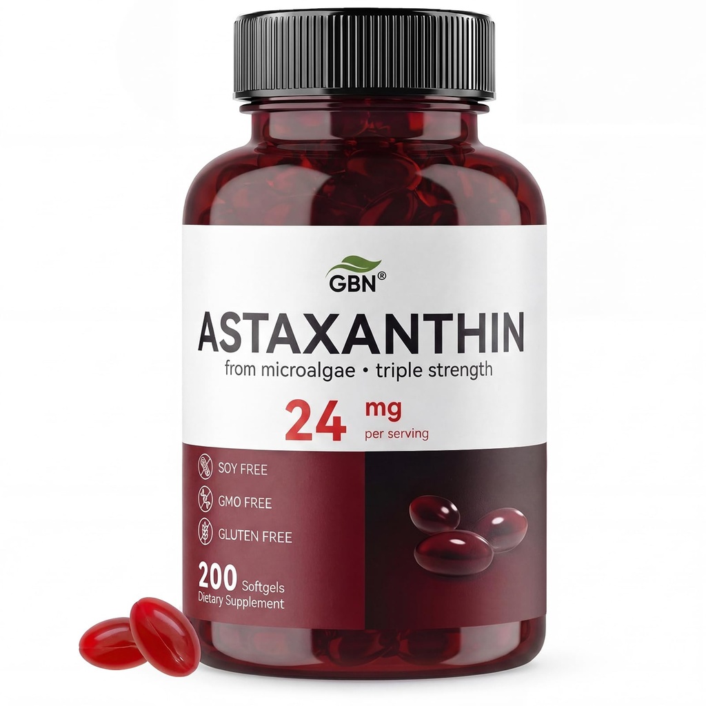 Suplemen GBN Astaxanthin 24mg 200 Softgels, Sufforts Eye, Skin, Joint, Brain, Heart & Ammune System Health, Stamina & Healthy Aging for Women & Men, Fresh Micralgae Sourgae Sourite Sournation Sourite