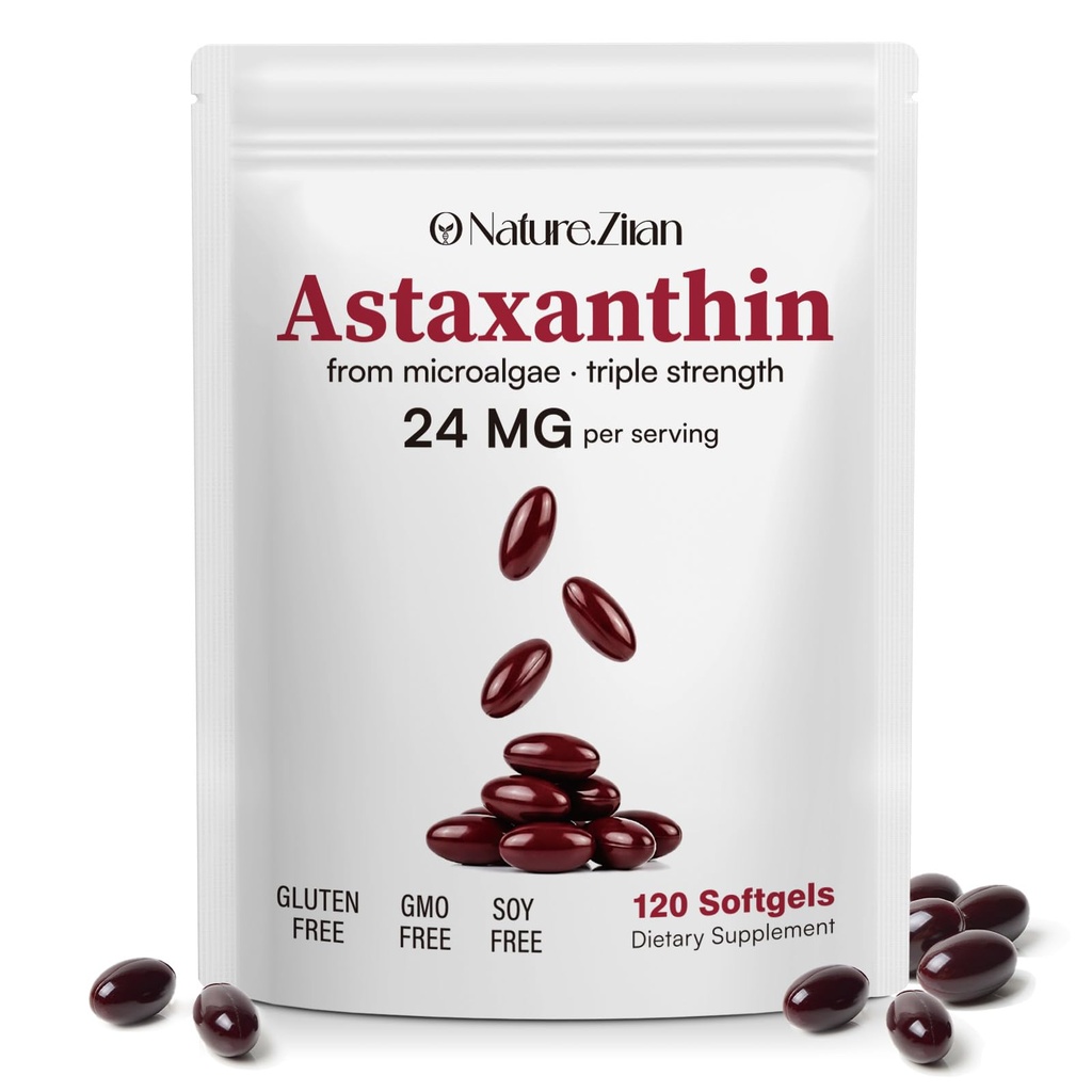 O NATUR. suplemen ZIRAN Astaxanthin 24mg, Suplemen Antioksidan, Dukungan untuk Mata & Bersama & Skin Kesehatan 124; 4 Bulan Suply 124; 120 Softgels