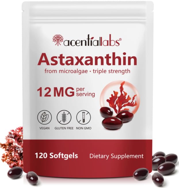 AIQIUSHA Astaxanthin Suplemen 12mg dengan Coconut Oil, 120 Softgels, 4 Bulan Supply 124; Triple Power Natural Astaxanthin dari Microalgae 124; Non-GMO, Gluten & Soy Free
