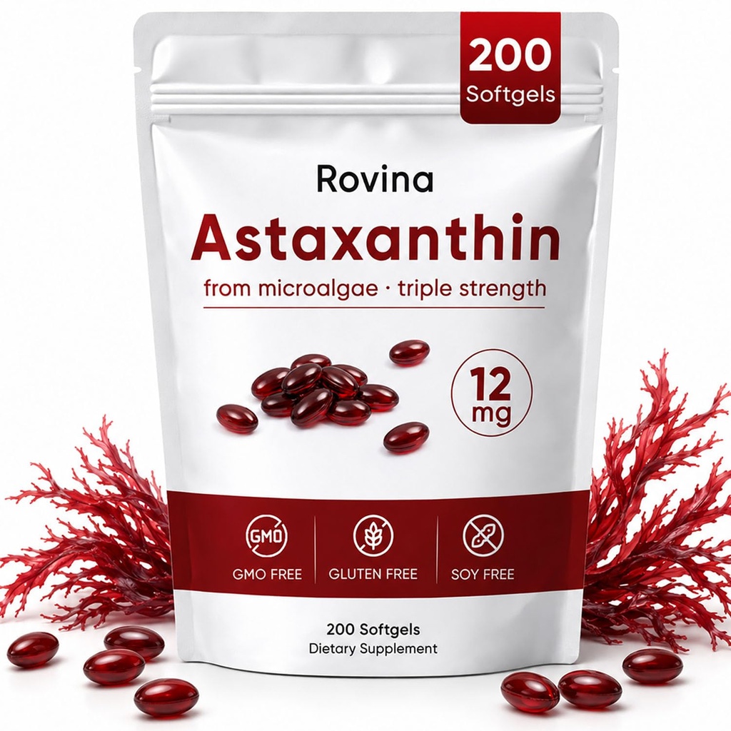 ROVINA Astaxanthin 12mg Softgels, Antioksidant Supports Eye, Skin, Imune, Gabungan, Sirkulasi Internal, Non-GMO & Gluten Free - 200 Softgels