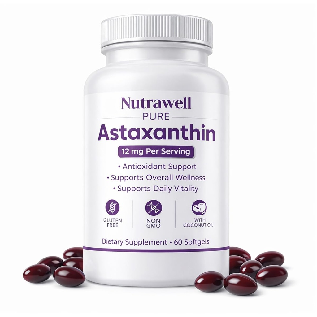 IRMI Nutrewell Astaxanthin 12 mg Softgels, Premium Natural Astixanthin 124; Gluten- Bebas, Non-GMO 124; Daily Eye & Skin Dukungan, 60 Gels Soft