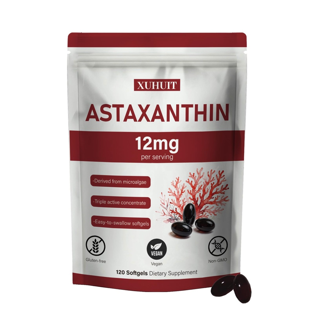 Astaxanthin Supplement 12mg, 120 Softgeels 126; Premium Astaxanthin Antioksidant dari Microalgae 124; Kekuatan Tinggi, Non- GMO, Gluten dan Soy Free Formula (1)