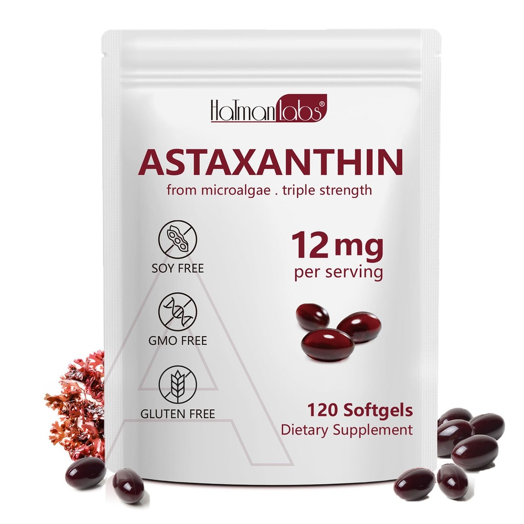 Daiasns Astaxanthin 12mg, Astaxanthin Antioxidant Suplemen Eye, Gabungan, Sirkulasi Internal dan Kesehatan Skin - Non- GMO, 120 Softgeels - 4 Bulan Suppply
