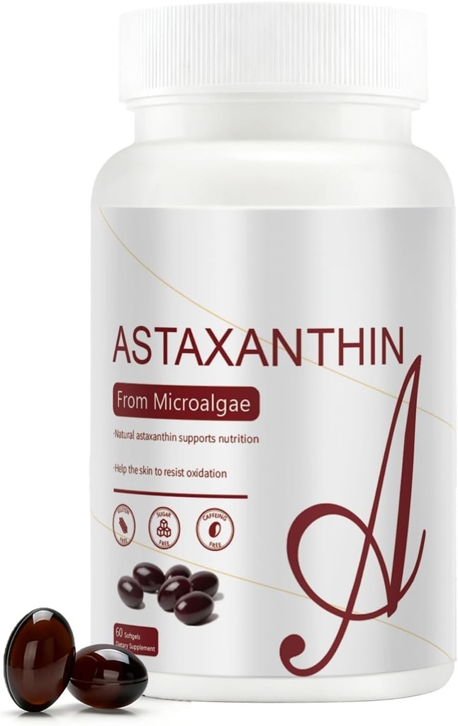 Astaxanthin 12mg 126; dari Microalgae Alami 124; 60 Softgels (Supply 2- Bulan) Alas4; Mudah ditelan, Non-GMO, Soy-Free