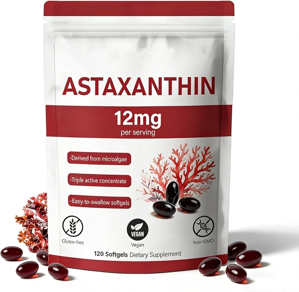 Astaxanthin 12mg, 120 Softgels, Natural Microsalgae Softgae Sourn- GMO Gluten- Bebas, 4 Bulan Supply