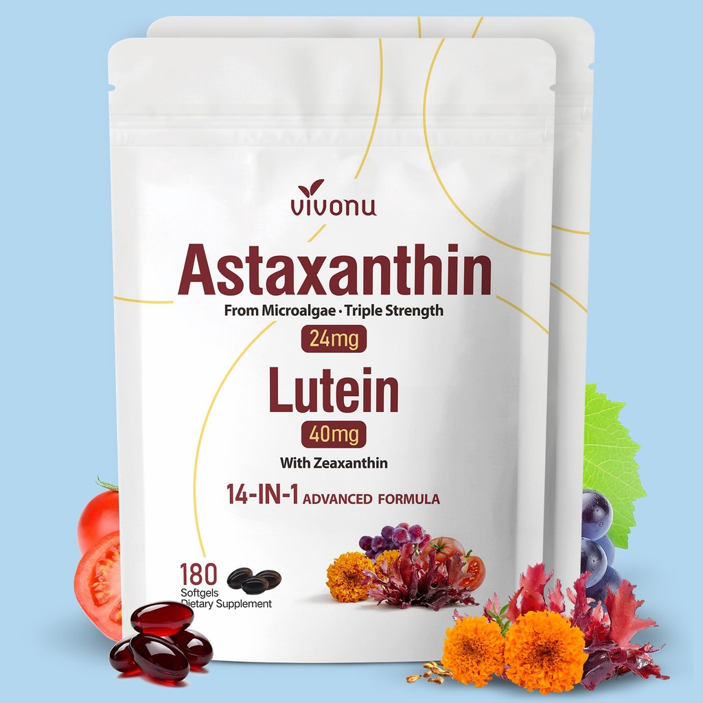 VivoNu 14- in- 1 Astaxanthin 24mg & Lutein 40mg dengan Suplemen Hobxanthin, 12 Bulan Suffly, 360 Softgeels, 2 Bag