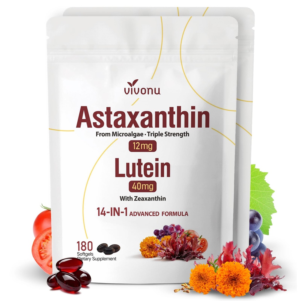 14 -1 Astaxanthin 12mg & Lutein 40mg dengan Suplemen, 12 Bulan Supply, Fresh Microalgae, Supports Eye, Skin, Antioksidant, Gabungan, Kesehatan Sirkulasi, NON-GMO, Gluten Bebas, 2 Bag