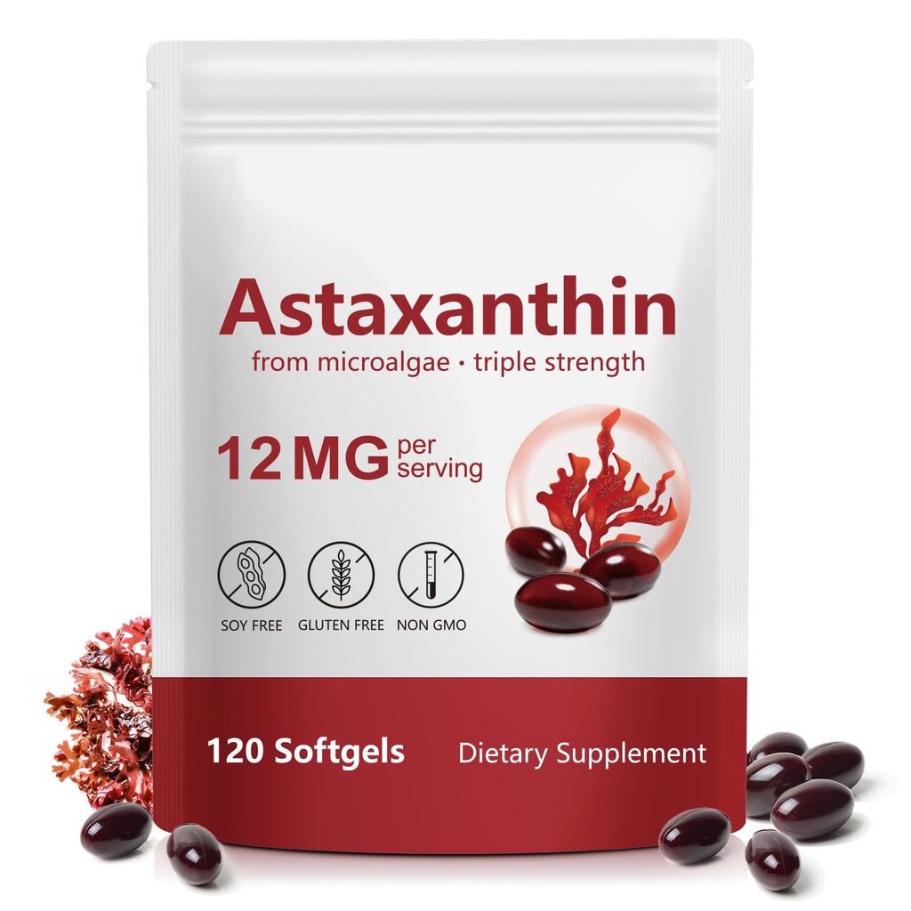 Astaxanthin 12mg, Astaxanthin Suplement, Support Eye, Skin, Joint, Brain, Heart & Imune System Health, Non-GMO, Gluten Free 120 Count