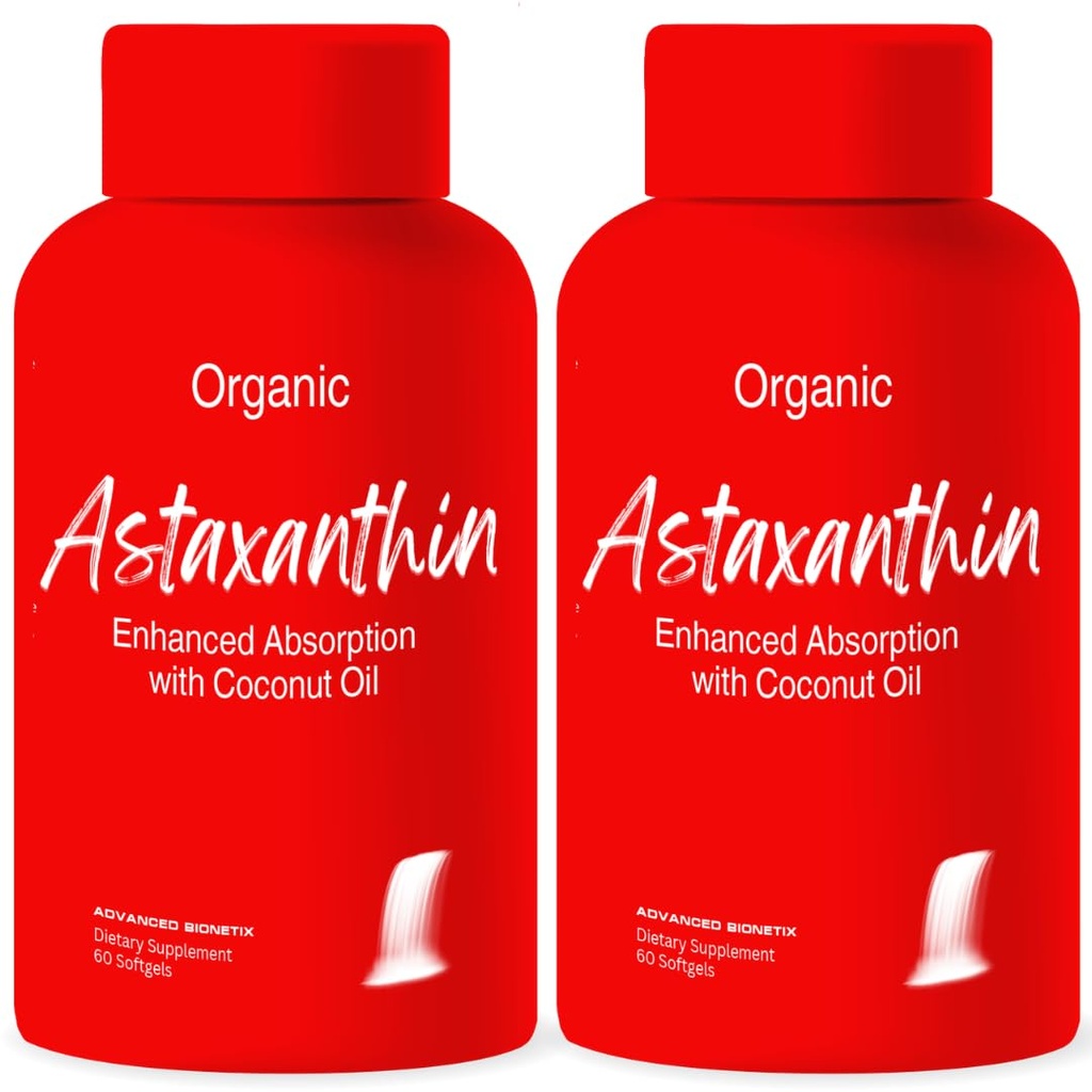 Advanced Bionetix 2 Pack Triple Power Astaquil ™ Astaxanthin 12mg High Bioavability Formula, 120 Softgels Organic Coconut Oil untuk Enhanced Absorpsi. Antioksidant Mata Kuat Gabungan Kesehatan Jantung