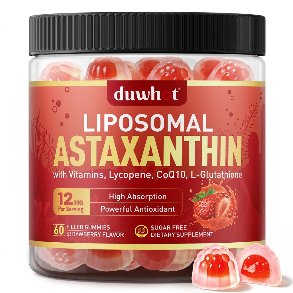 Lipomal Astaxanthin Gummies, Organik Astaxanthin 12mg Suplemen dengan Lycopene, Glutathione untuk Antioksidan Kuat, Ditambah Vitamin & CoQ10 untuk Mata, Skin & Imune Kesehatan, Gula Bebas, Vegan, 60