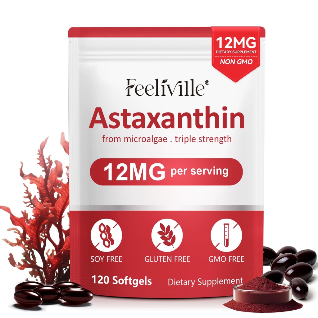 Suplemen Astaxanthin, Premium Astaxanthin 12mg Antioksidant Activity, Supports Eye, Gabungan, Imune, Skin Health, Seculasi Internal, 1120 Softgeels), Non-GMO & No Gluten