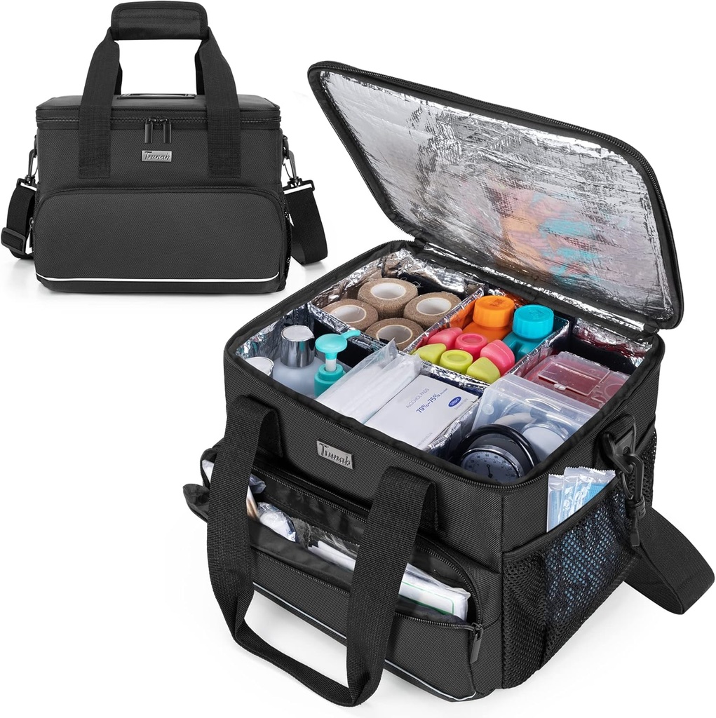 Trunab Insulated Medical Bag with Adjustable Dividers, Medicine Supplies Water- Resistant Bag for Home, Travel, Camping, Kosong - Design Painted, Black