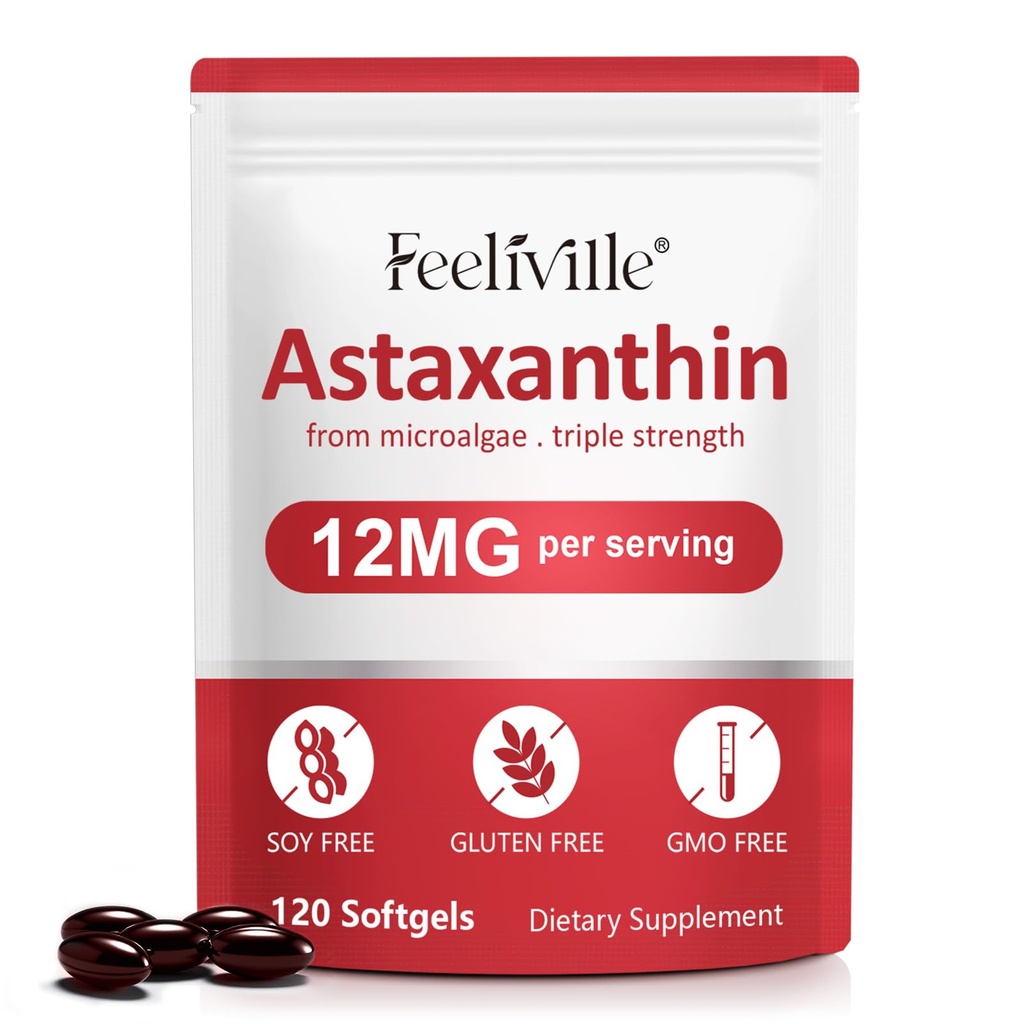 Suplemen Astaxanthin, Astaxanthin 12mg, 120 Softgeels Antioxidant Astaxantina Suplemen untuk Mata, Skin, Gabungan & Imune Kesehatan, Mendukung Sirkulasi Internal & Heart Health, Non-GMO & No Gluten
