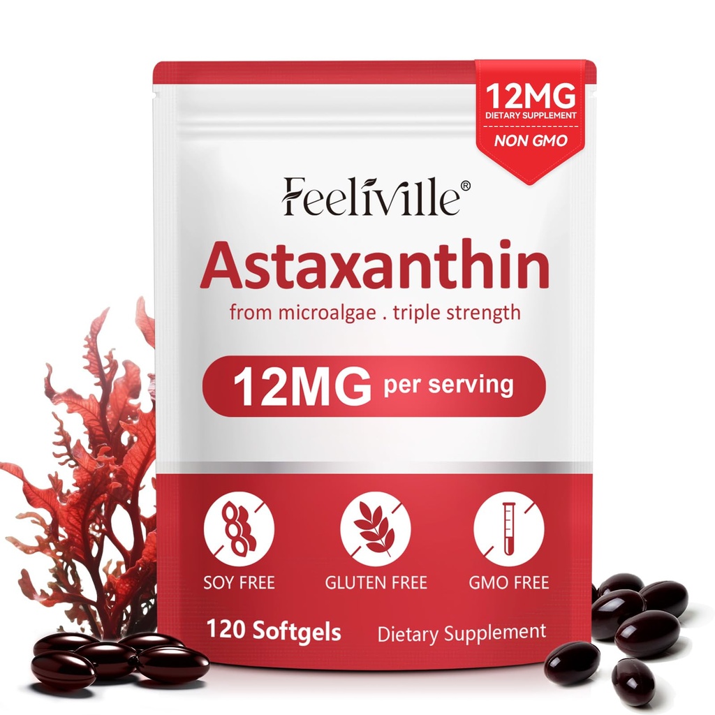 Suplemen ABOUME Astaxanthin 12mg, Fresh Microalgae Source, Support Eye, Imune, Skin Health, Internal Circulation 124; Nor-GMO 124; No Gluten (1PCS)