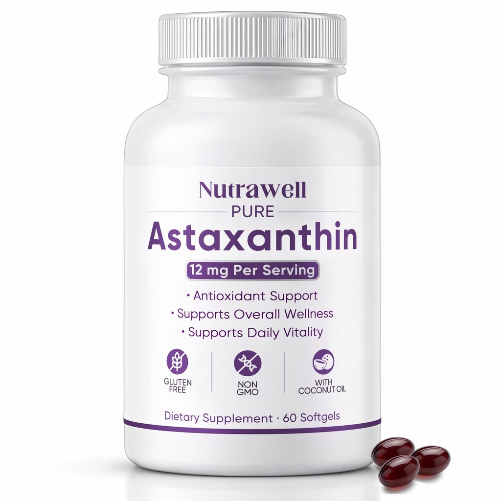 NuttraWell Astaxanthin 12mg, dengan Coconut Oil, antioksidant Suplemen, Non-GMO, Gluten Bebas, 60 Softgeels