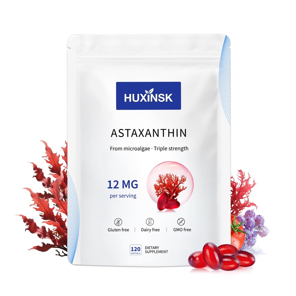 Suplemen Atxanthin 12mg, 120 Softgel, Max Strength Astaxanthin Antioxidant Form Fresh Microalgae, 4 Month Supports Eye, Skin, Joint, Brain, Heart & Imune System Health, 1 Bag