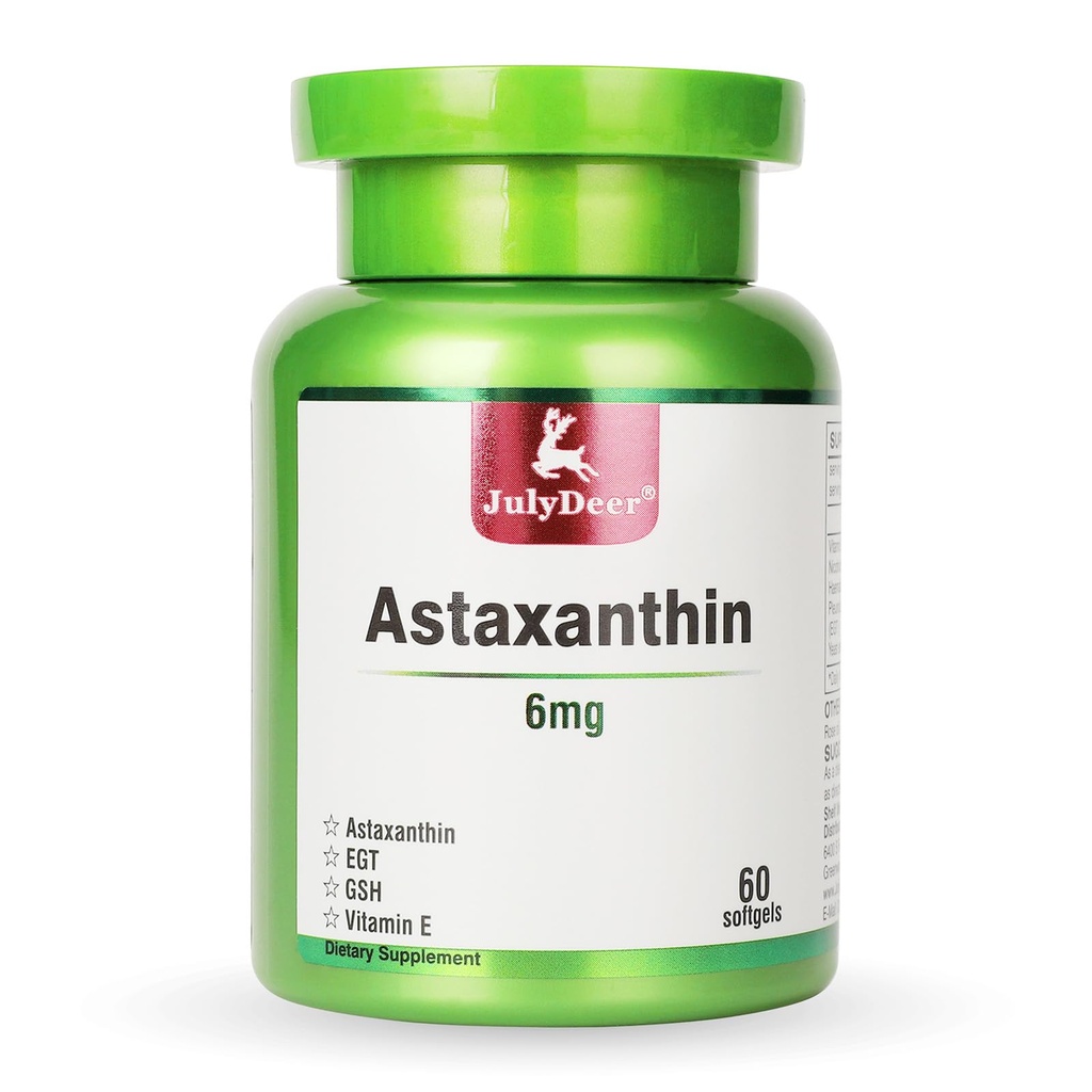 Julydeer Astaxanthin 6 mg Per Serving, 60 Softgels - Microalgae Kekuatan Ganda - Natural Haematococcus Pluvialis Sumber - Suplemen Antioksidant untuk Skin, Eyes, Joints, & Imune Dukungan