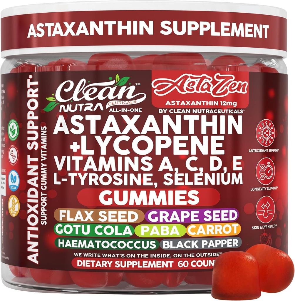 Bersihkan Nutraceuticals Astaxanthin Gummies 12mg - dengan Lycopene, Vitamin A C D E, L- Tyrosine & Selenium - Antioksidant Dukung Gummies - 60 Count