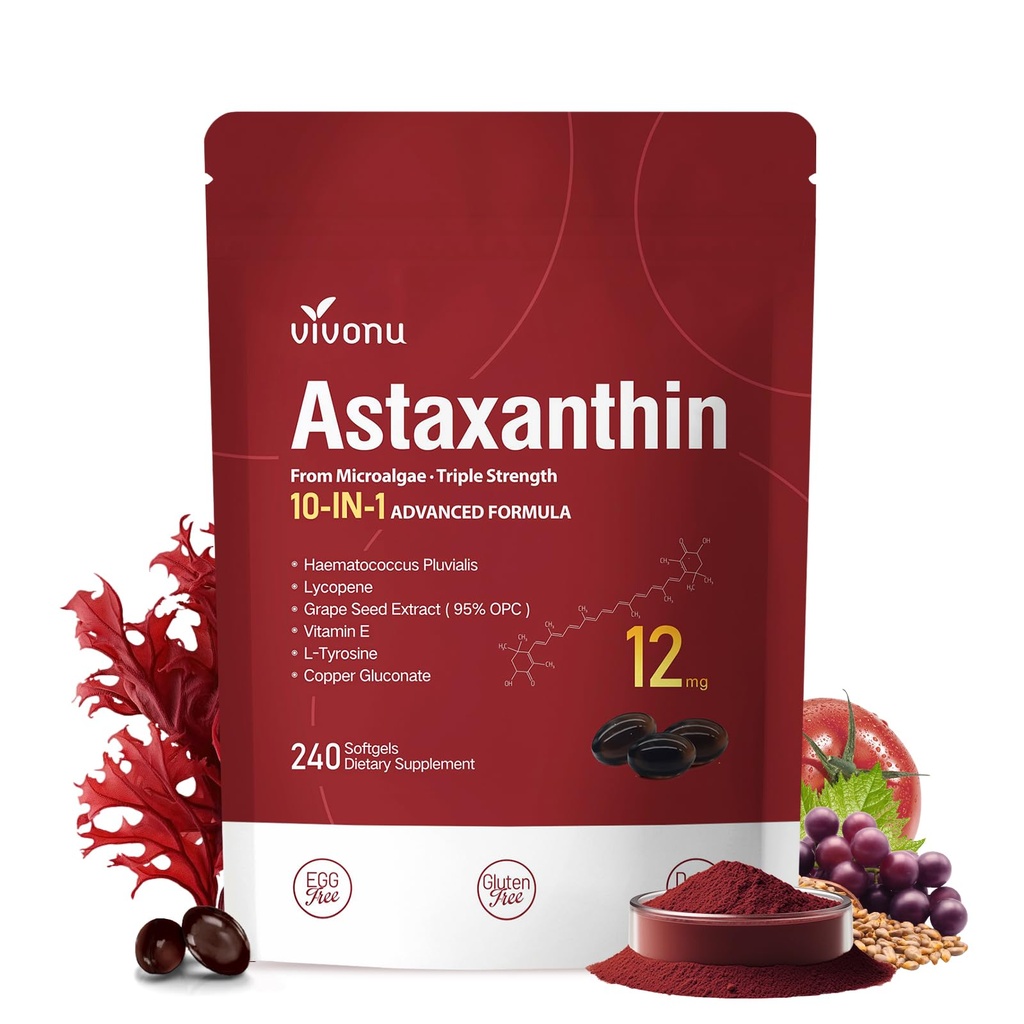 VivoNu Astaxanthin 12mg Suftgels, Segar Haematococcus Pluvialis 10 dari 1 Astaxanthin Antioksidant Supports Supports, Skin, Gabungan, Otak, Hati & Imune Sistem Kesehatan