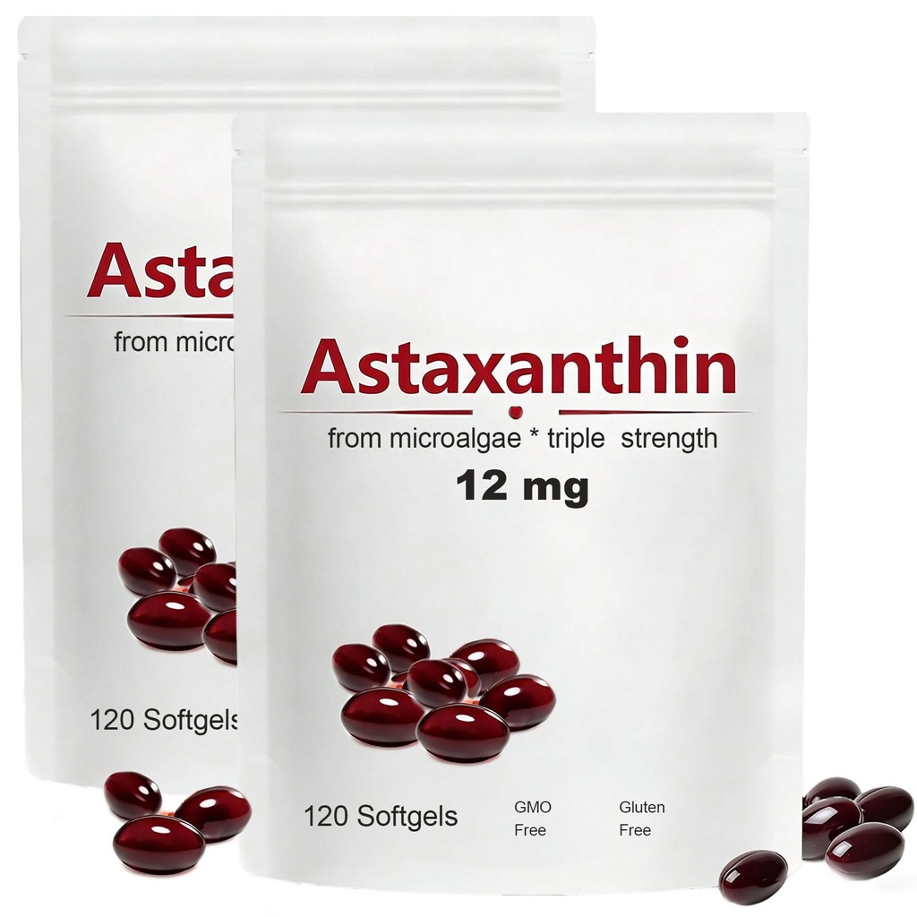 2staxanthin 12mg, 120 Softgels, Max Strength Antioksidant dengan Coconut Oil, Natural Formula, Absorpsi Tinggi untuk Eye & Skin Dukung, Natural Formula, Non-GMO, Gluten Free