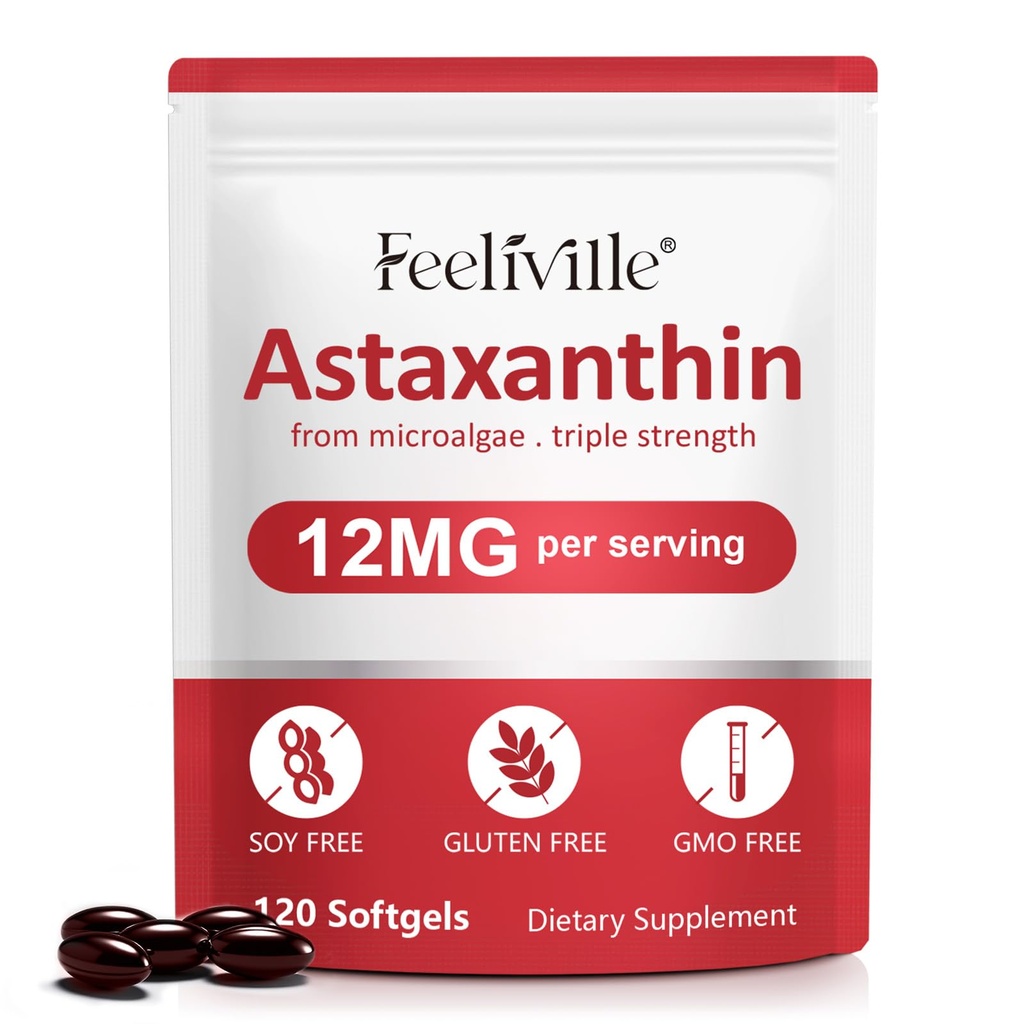 Astaxanthin 12mg (120 Softgels) - Premium Astaxanthin Antioxidant Suplemen - Pendukung Mata, Sirkulasi Internal, Imune & Skin Health - Sumber Microsalgae Segar - Non-GMO & No Gluten