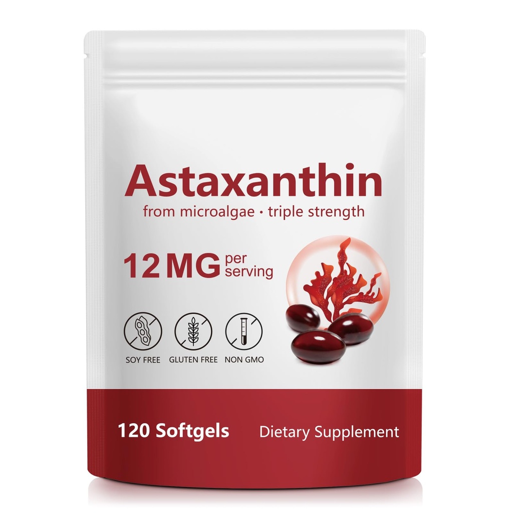 Suplemen Atxanthin 12mg 120 Softgels, Premium Astaxanthin Antioksidant Suplement for Eye, Skin, Joint, Brain, Heart & Imune System Health, Fresh Mikrogalgae Sourgae Sourine, Non-GMO & No Gluten
