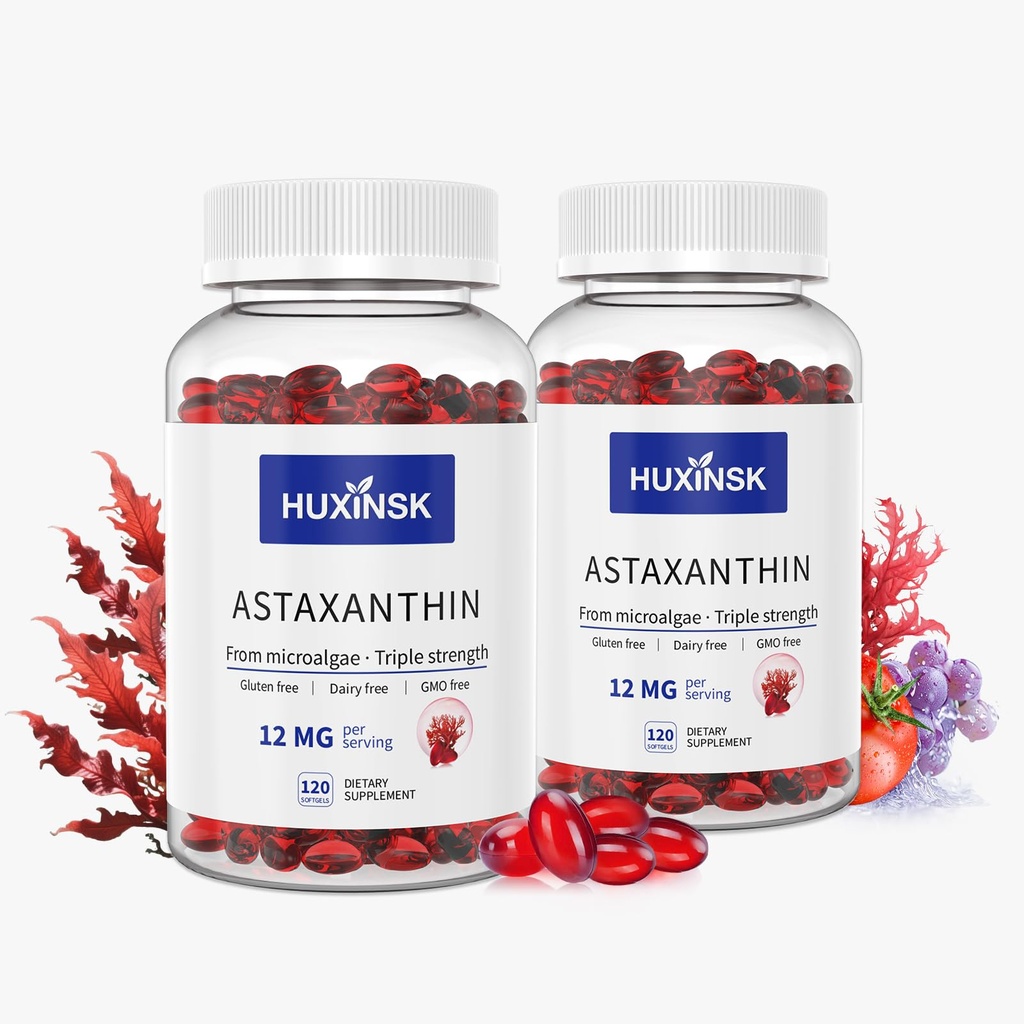 Suplemen Atxanthin 12mg, 120 Softgel, Max Strength Astaxanthin Antioksidant Suplemen, Microalgae segar, Persediaan 4 Bulan, 2 Botol