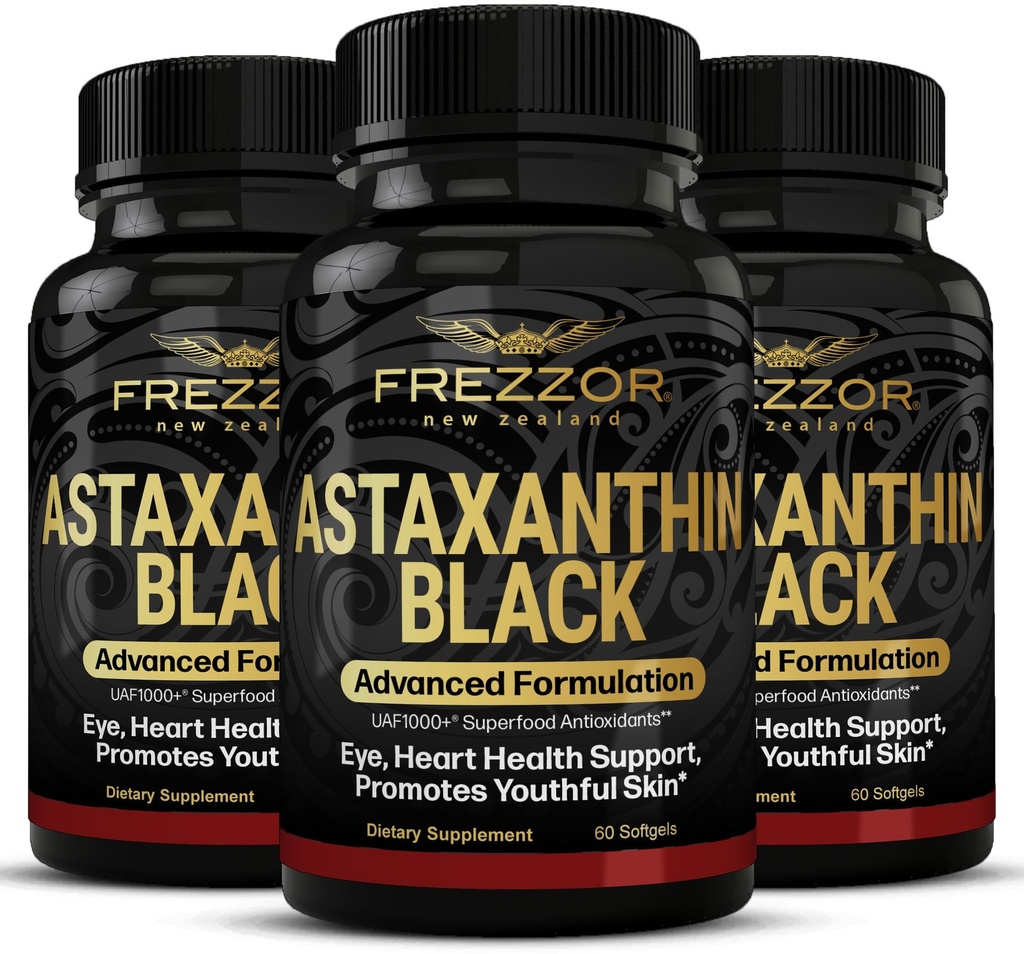 FREZZOR Astaxanthin Black dengan UAF1000 + Super Antioksidan, Pendukung Hati, Eye & Brain Health, Anti- Aging Skincare & Cellular Protection, 12mg Astaxanthin per Serve, 180 Softgels, 3 Pasokan Bulan